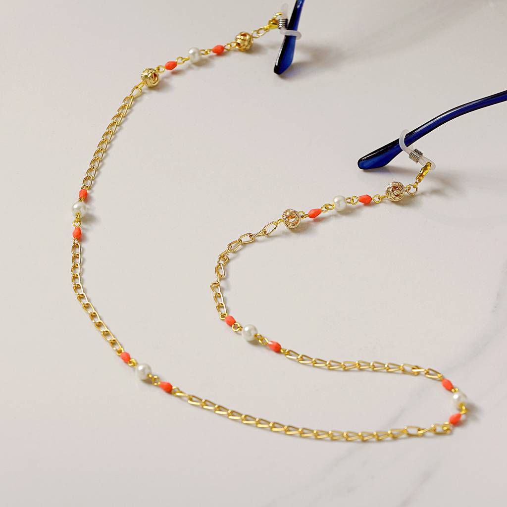 Pretty Peach With Golden Mesh Spectacles/Air Pods Chain : ACSP003