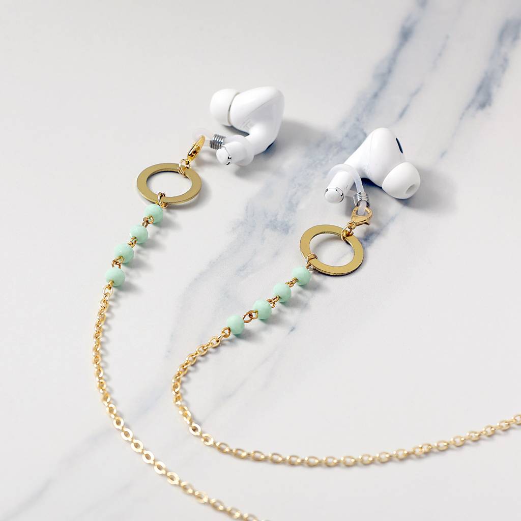 Green Beads With Golden Ring Spectacles/Air Pods Chain : ACSP012
