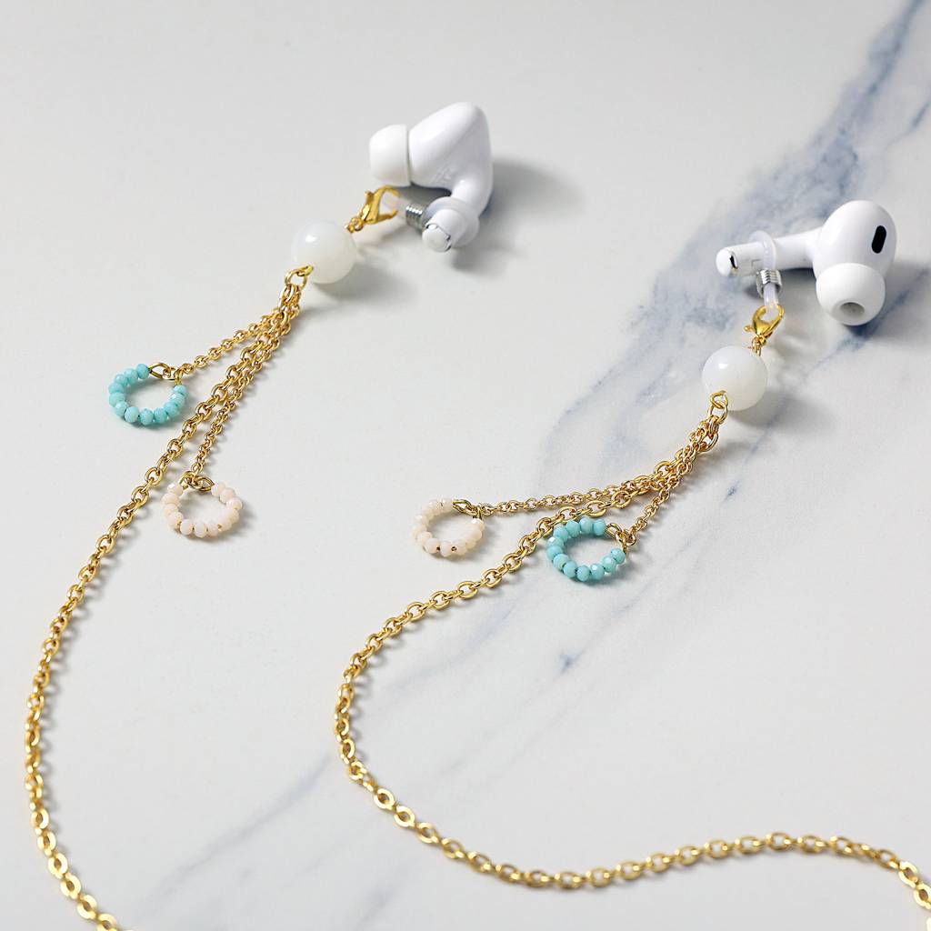 Golden Chain With White & Blue Beads Ring Spectacles/Air Pods Chain : ACSP013