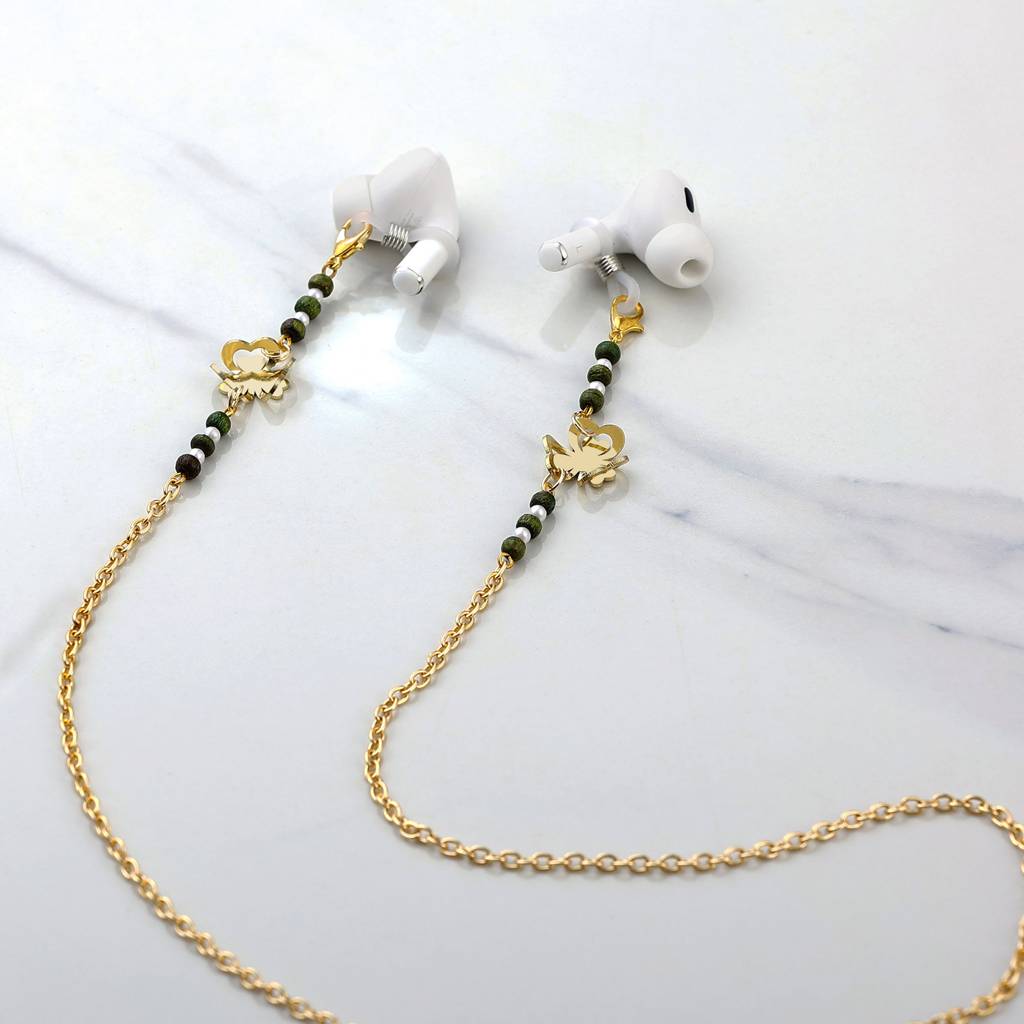 Golden Flower With Green Beads Spectacles/Air Pods Chain : ACSP017