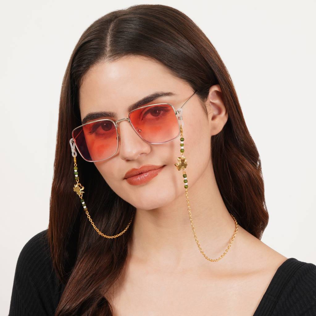 Golden Flower With Green Beads Spectacles/Air Pods Chain : ACSP017