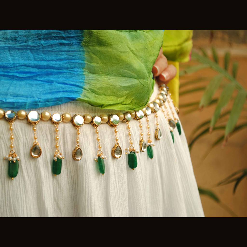 Kundan & Pearl Green Beads Kamar Bandh : ACWB006