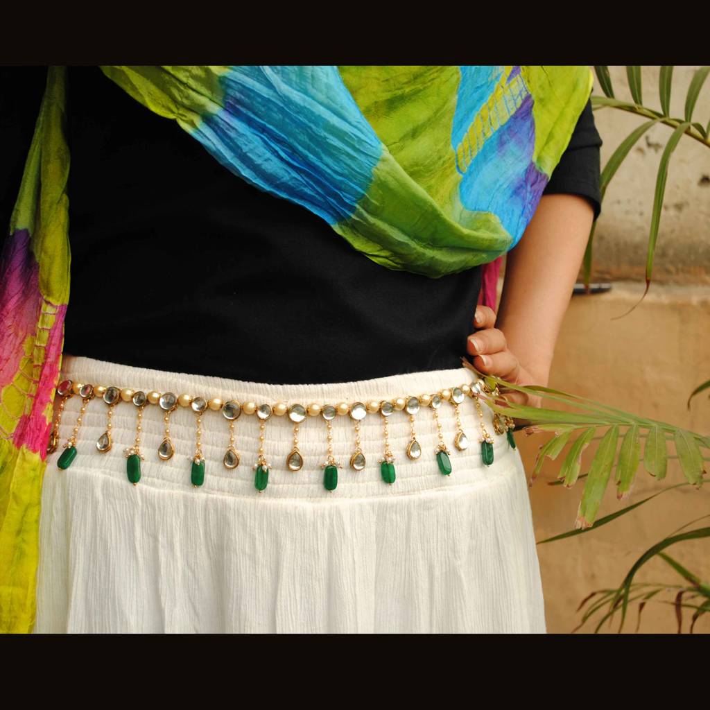 Kundan & Pearl Green Beads Kamar Bandh : ACWB006