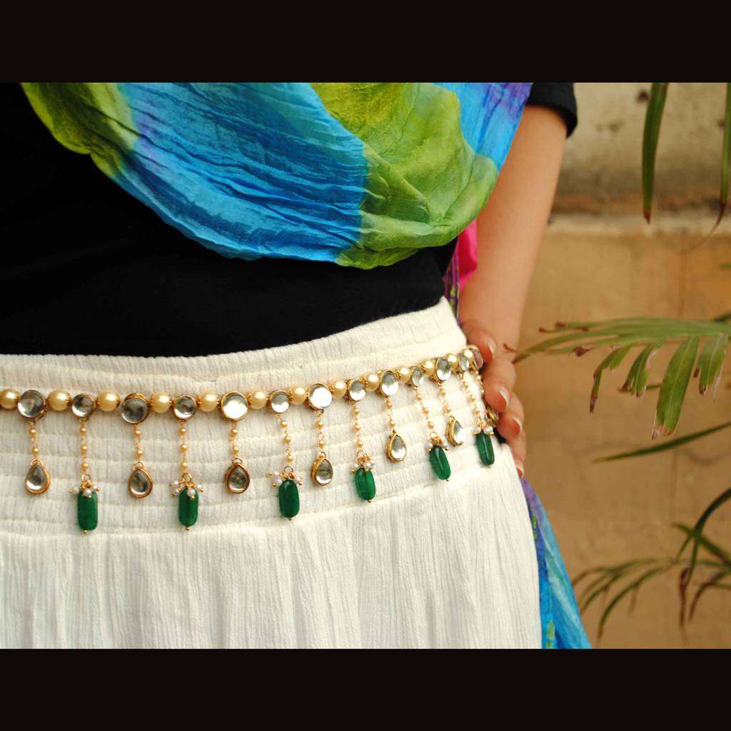Kundan & Pearl Green Beads Kamar Bandh : ACWB006