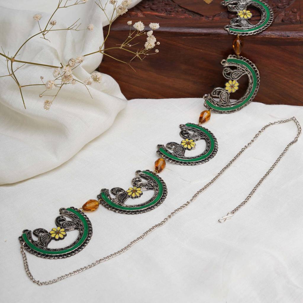 Oxidized Silver Elephant Waistbelt With Floral Beads : ACWB008