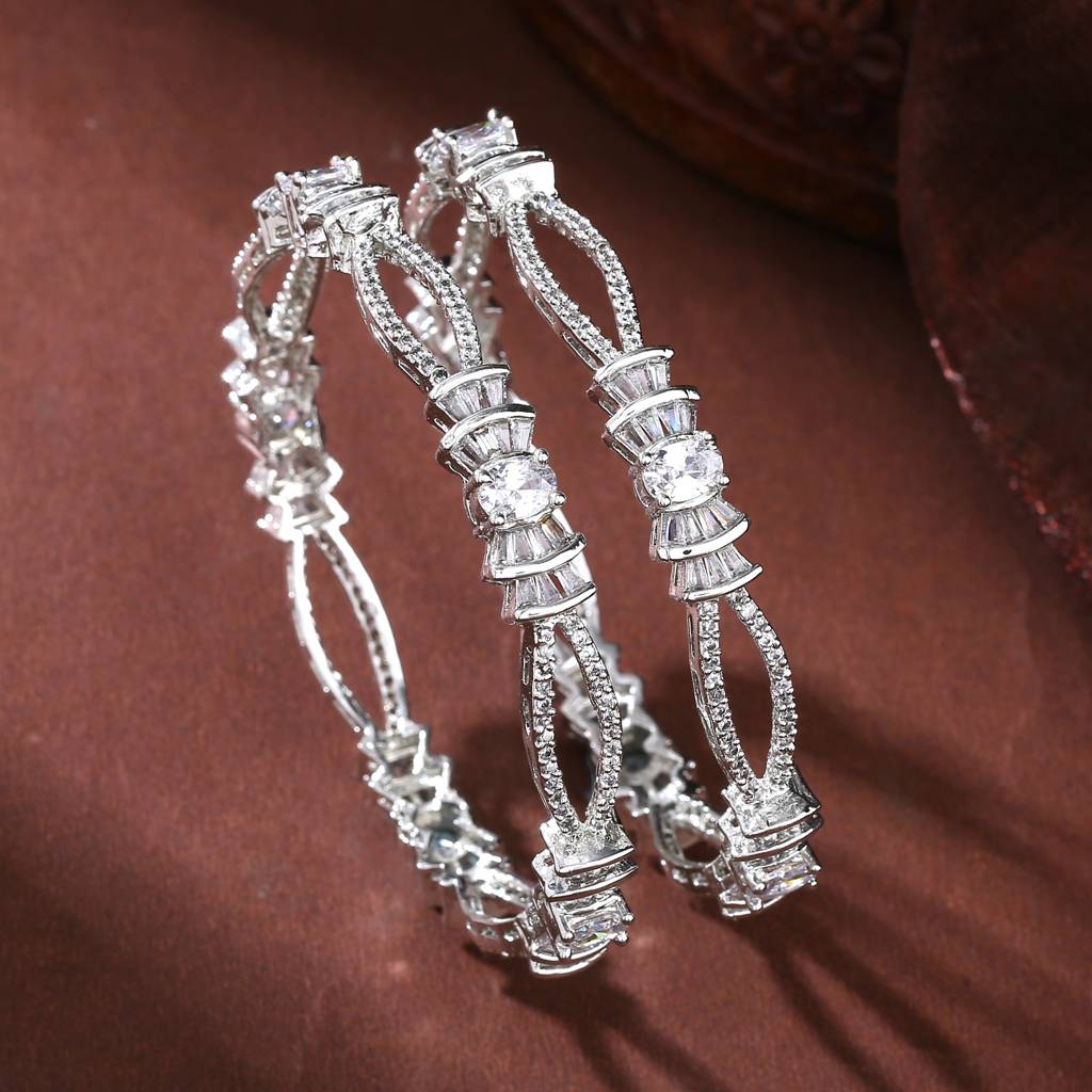 Estele Rhodium Plated Glistening White American Diamond Bangles | Available Sizes In 2:6 & 2:8|A Dazz : AD-021-IRWE26BANGLE-26