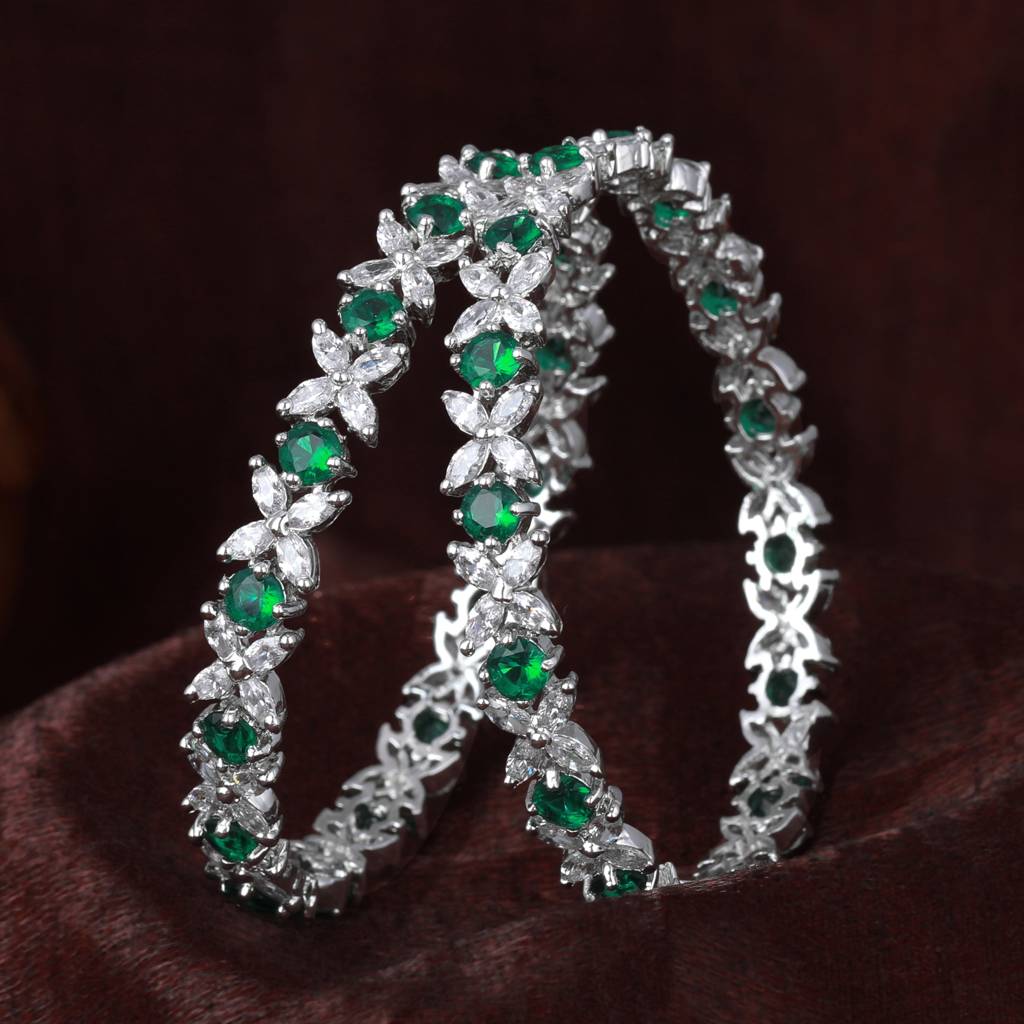 Estele Rhodium Plated Green American Diamond Beautiful Floral Bangles| Available In 2:4, 2:6, & 2:8 S : AD-024-IRGN26BANGLE-24