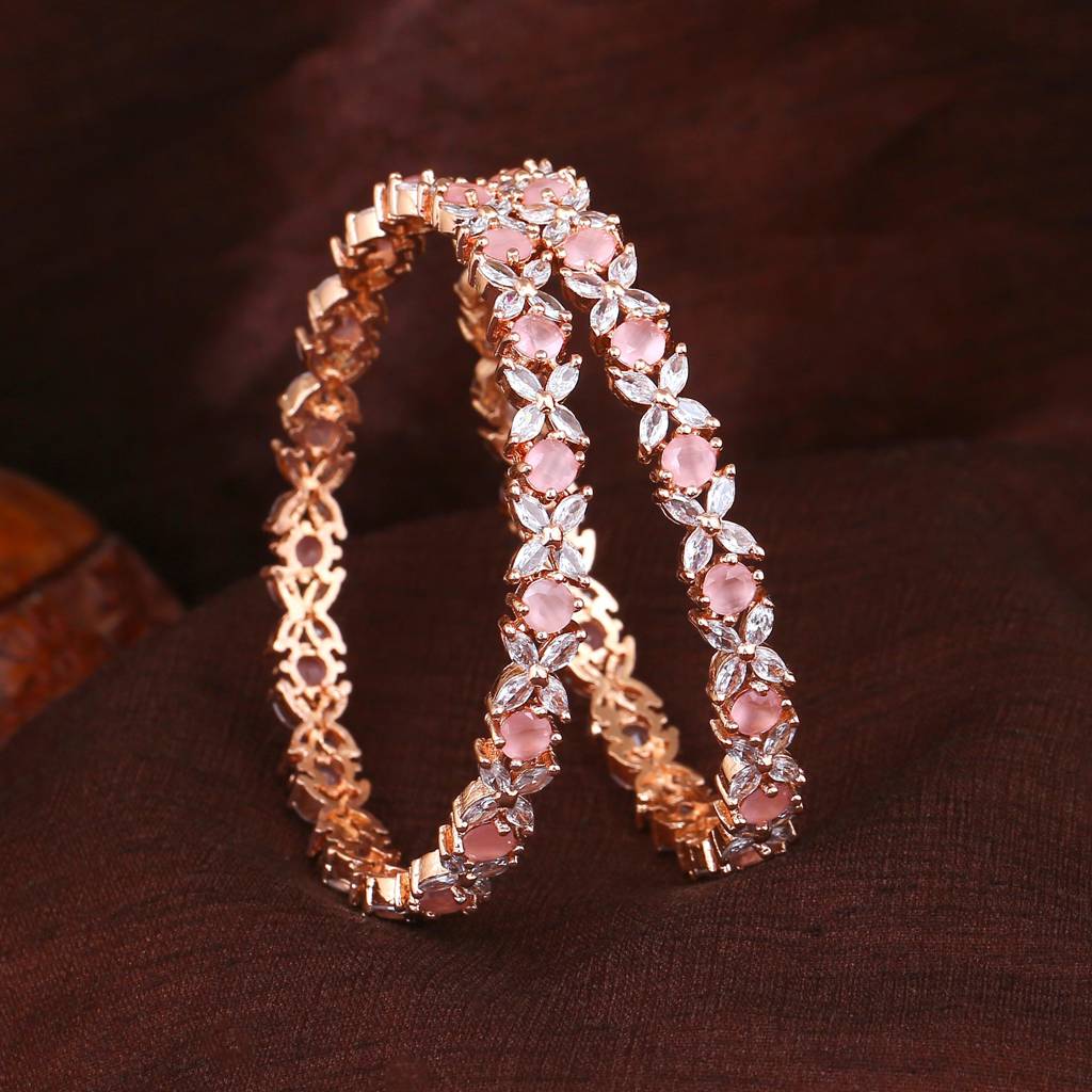 Estele Rosegold Plated Mint Pink American Diamond Charming Floral Bangles | Available In 2:4, 2:6, &  : AD-024-RGMP26BANGLE-24