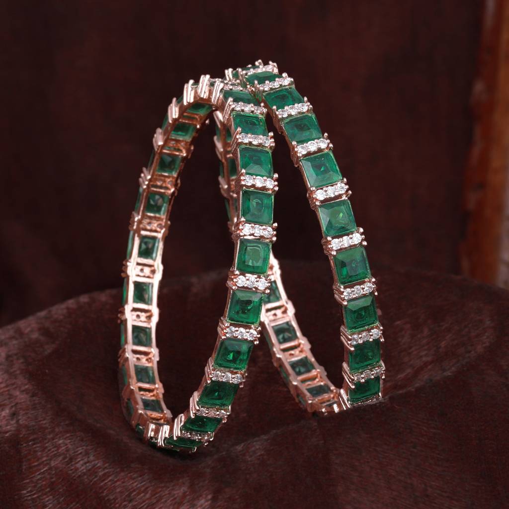 Estele Rosegold Plated Exquisite Square Pattern Green American Diamond Bangles | Sizes 2:4, 2:6 & 2:8 : AD-037-RGGN28BANGLE-24