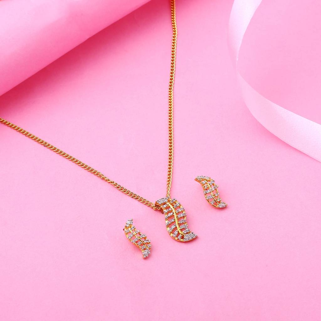 Estele Gold Plated Leaf Shaped Pendant Necklace Set With White American  Diamonds For Girls Women Brass White
