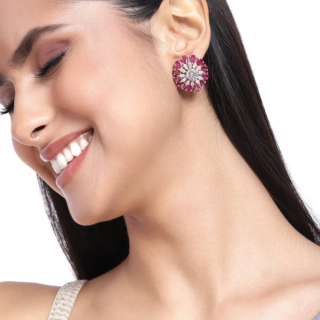 Estele Rose Gold Plated Cz Sparkling Flower Designer Stud Earrings With Ruby American Diamonds For Women : AD-113729-RG-RDER