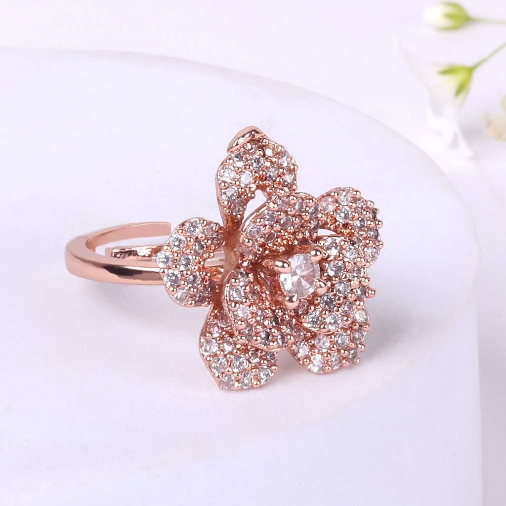 Modern Adjustable Rose Finger Ring For Women: Lightweight Rosegold Plated  Flexible Floral Design Brass Red