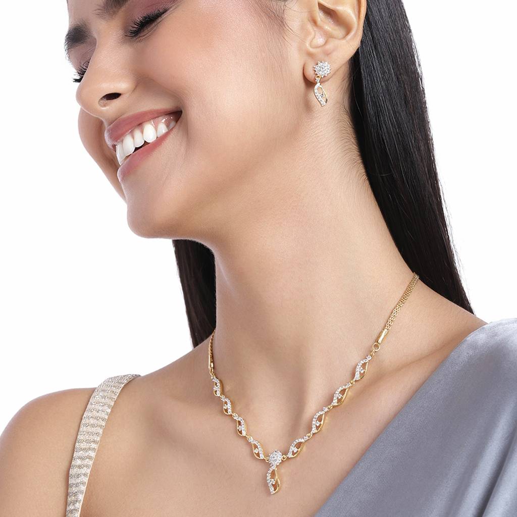 Estele Gold Plated Trendy & Elegant White American Diamond Necklace Set For Women : AD-398NKER