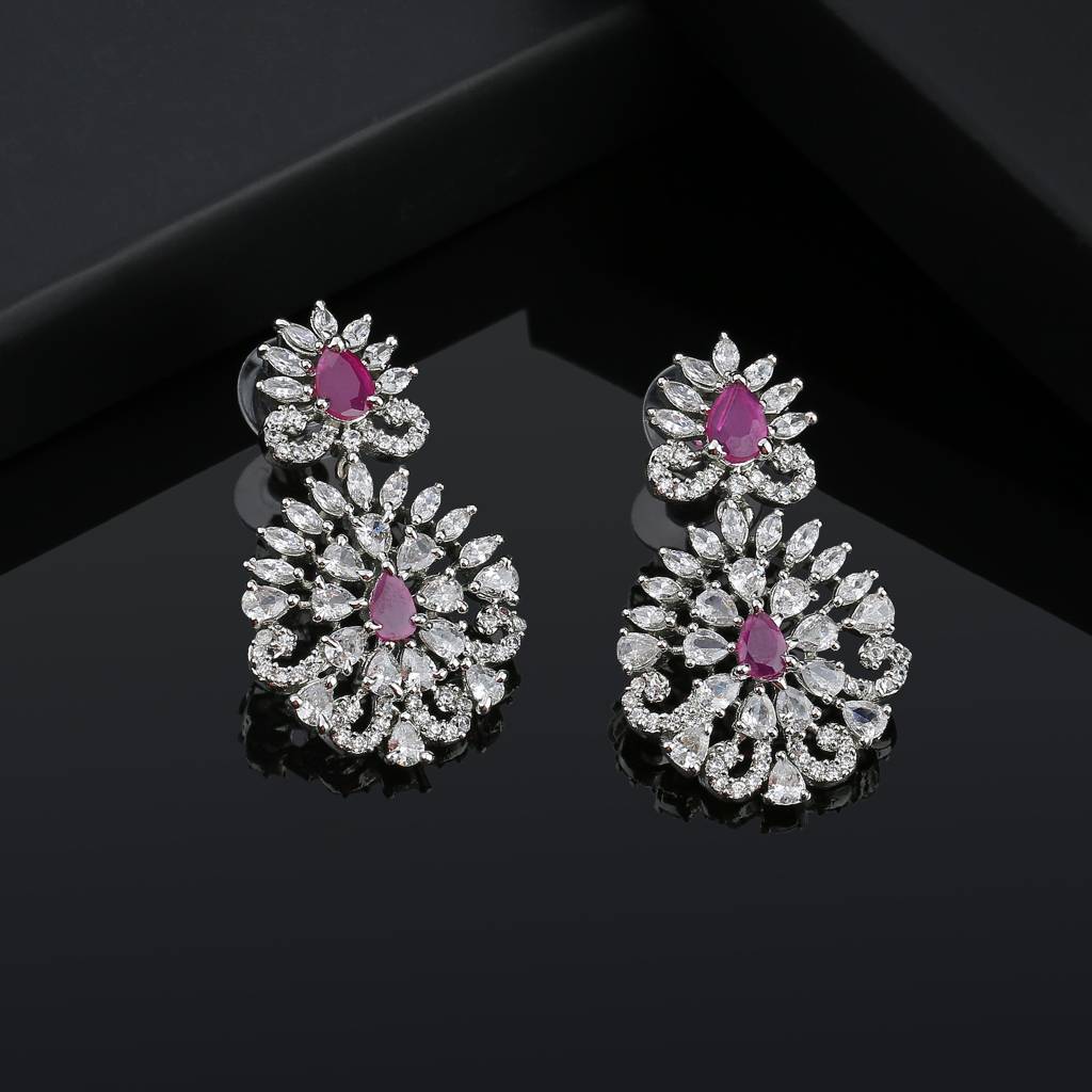 Estele Rhodium Plated Cz Radiance Flower Designer Earrings With Pink Crystals For Women : AD-561-IR-ERER