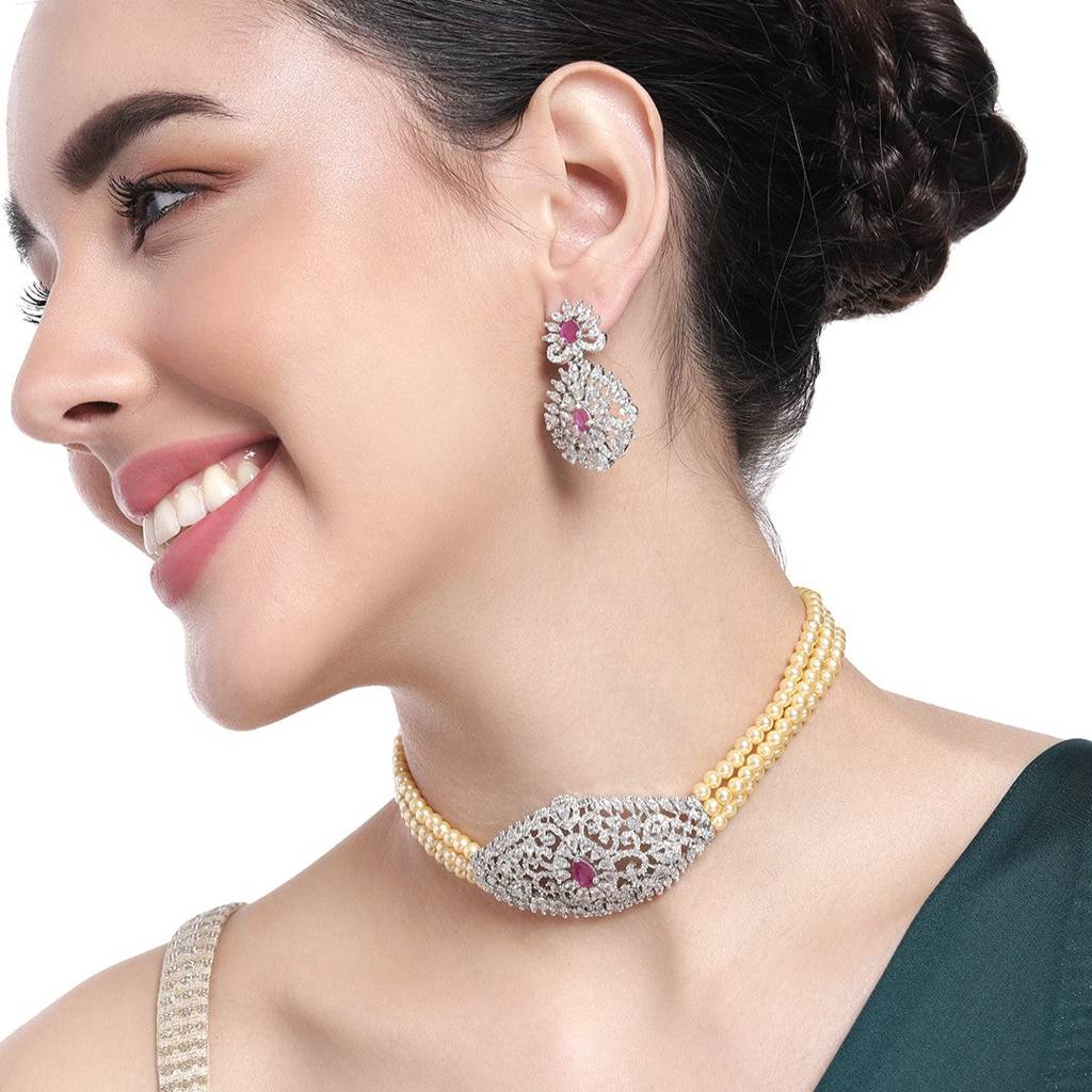 Estele Rhodium Plated Cz Enchanted Pearl Choker Necklace Set For Women : AD-561-IRNKER