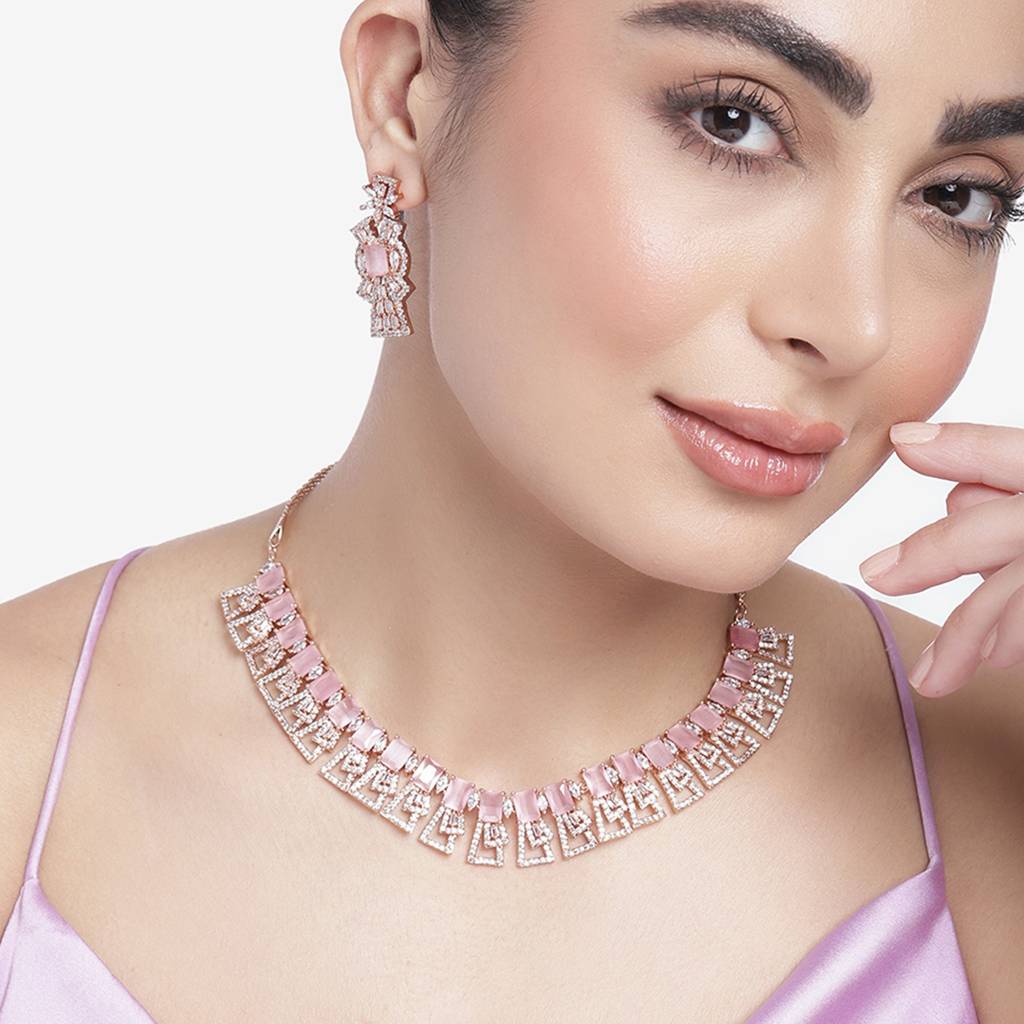 Estele Rose Gold Plated Gorgeous American Diamond Necklace Set For Women : AD-749-RGMPNKER