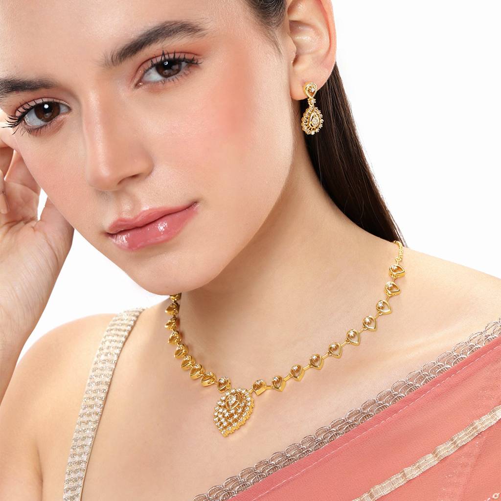 Stylish Drop Charms Necklace Set With Lustrous Gold Finish & White Twinkling Accents : AD-789-IGWENKER