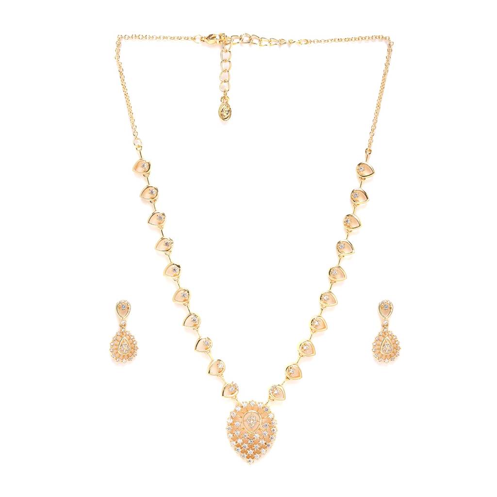 Stylish Drop Charms Necklace Set With Lustrous Gold Finish & White Twinkling Accents : AD-789-IGWENKER