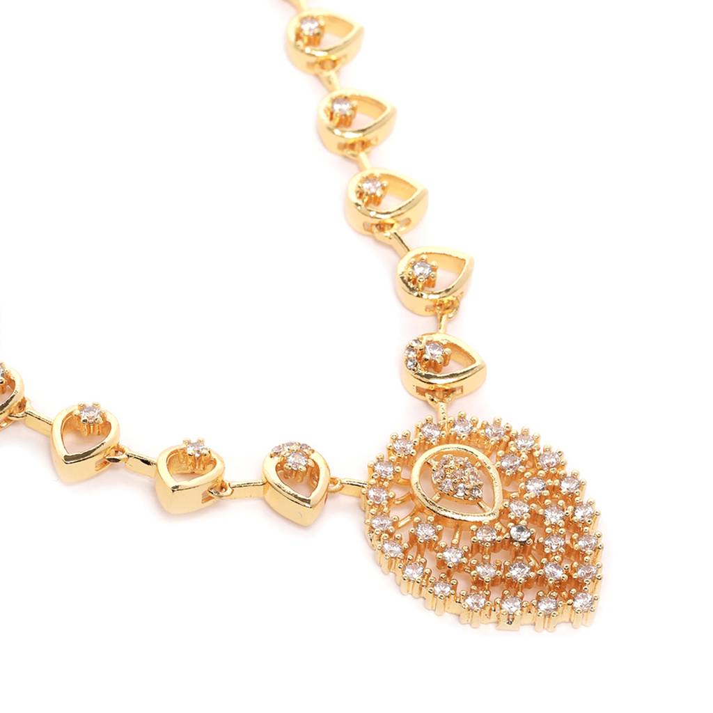 Stylish Drop Charms Necklace Set With Lustrous Gold Finish & White Twinkling Accents : AD-789-IGWENKER