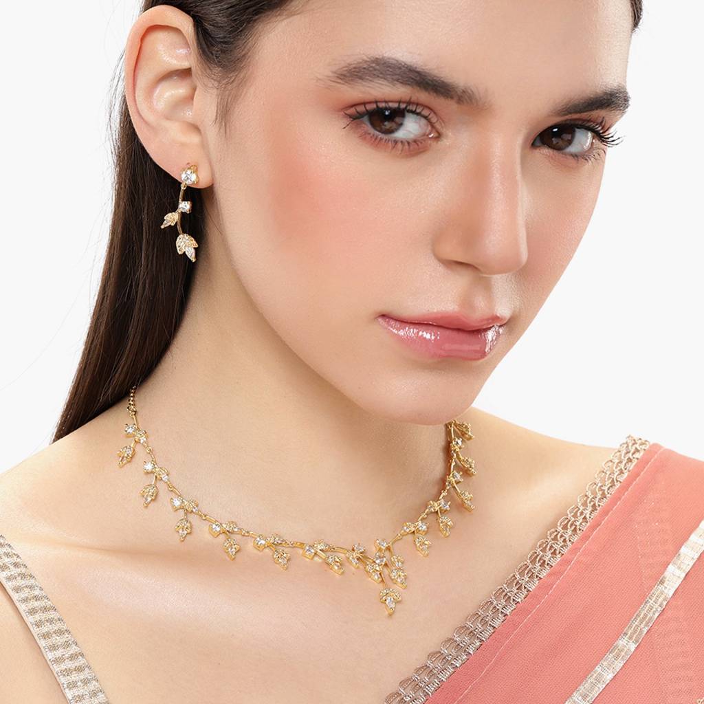 Graceful Lightweight White American Diamond Necklace Set With Shiny Gold Finish : AD-792-IGWENKER