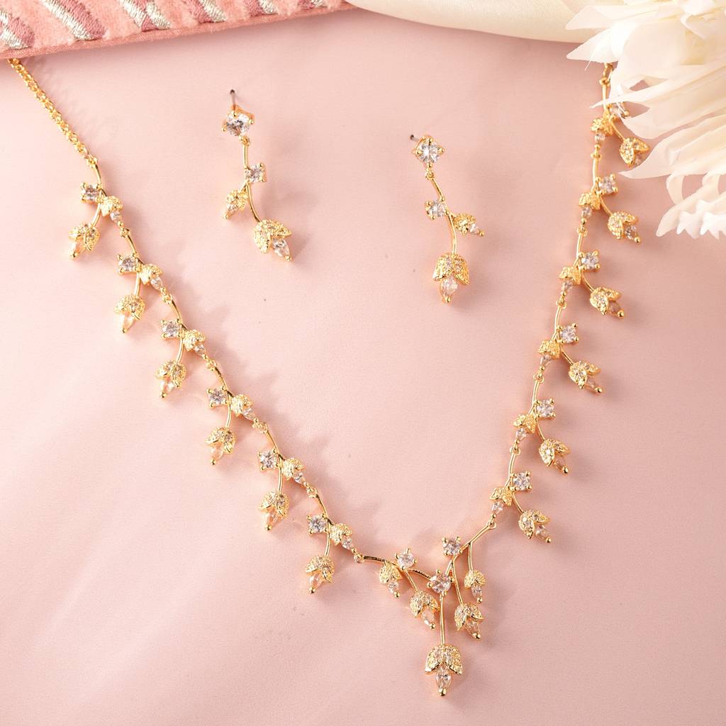 Graceful Lightweight White American Diamond Necklace Set With Shiny Gold Finish : AD-792-IGWENKER
