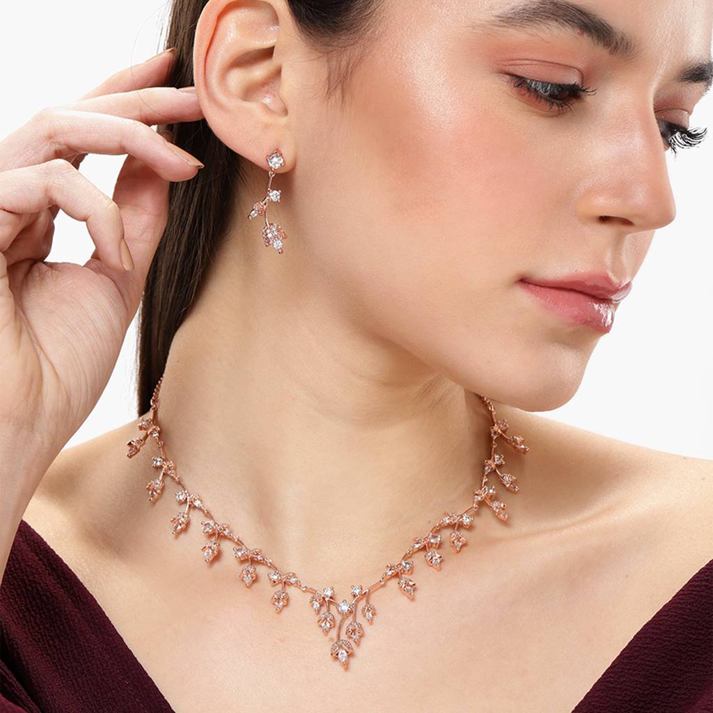 Rosegold Plated Premium American Diamond Necklace Set: Lightweight Elegance With Sparkling Crystals For Women : AD-792-RGWENKER