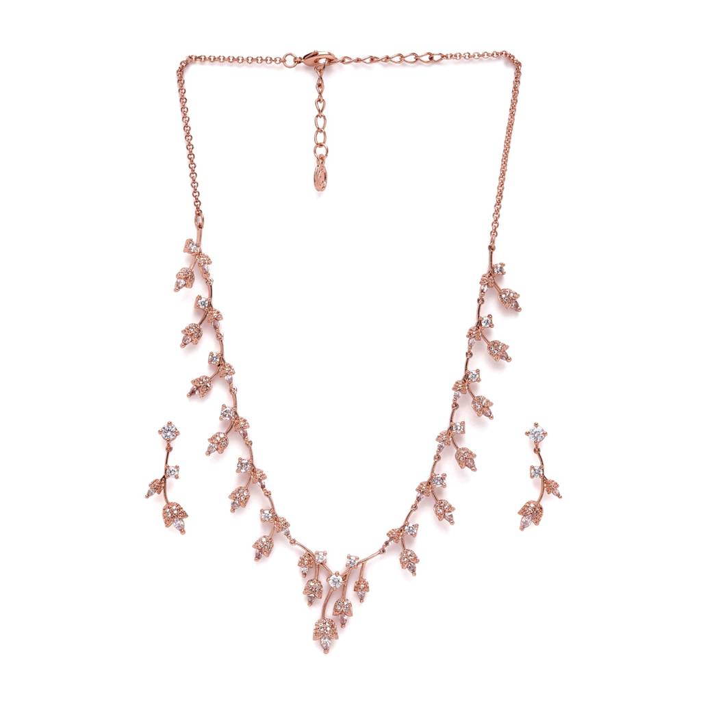 Rosegold Plated Premium American Diamond Necklace Set: Lightweight Elegance With Sparkling Crystals For Women : AD-792-RGWENKER