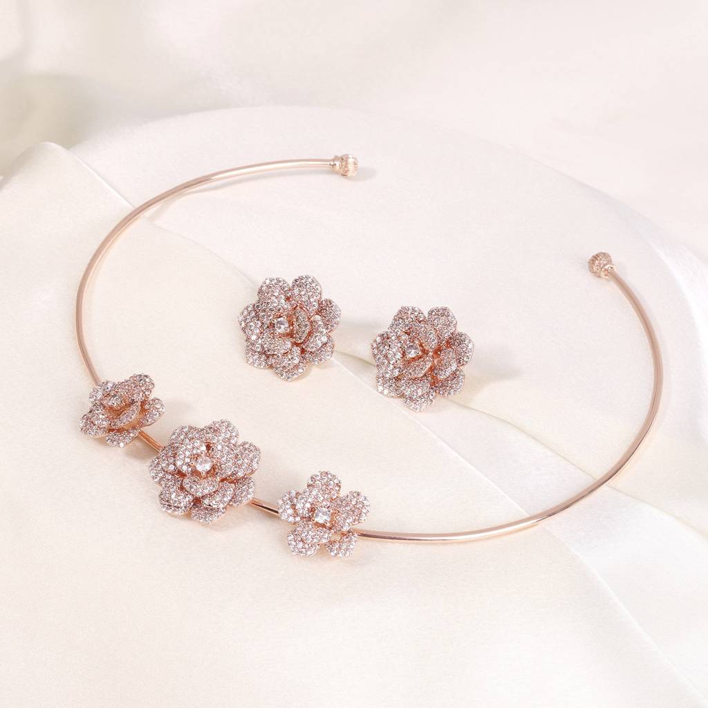 Premium Lightweight American Diamond Floral Rose Necklace Set With