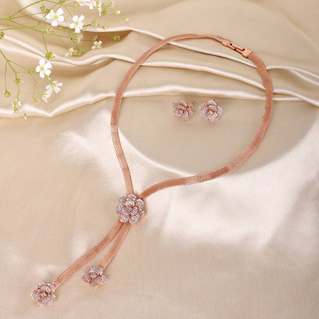 Elegant Rose Motif Necklace Set: Gold Plated Lightweight Floral