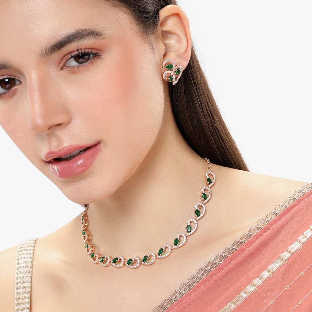 Elegant & Modern Rosegold-Plated Green American Diamond Necklace Set For Women : AD-819-RGGNNKER