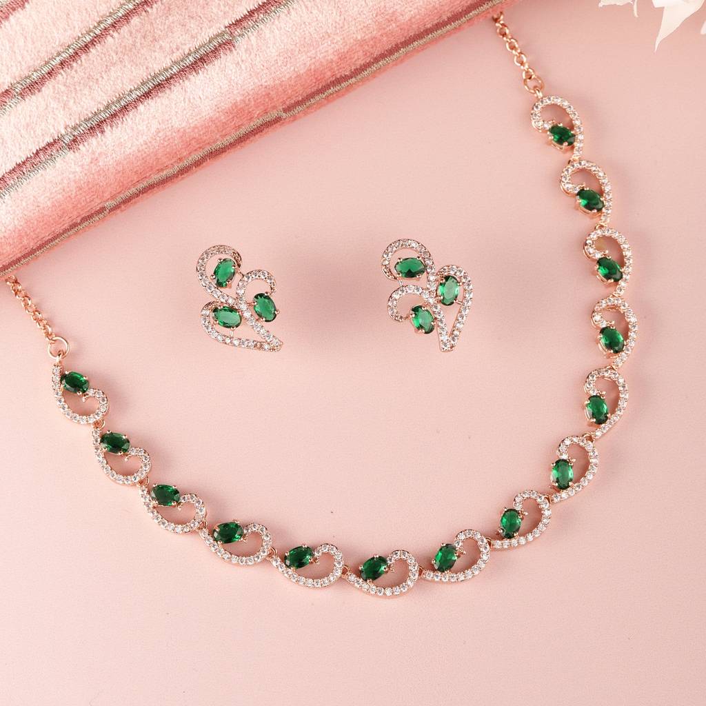 Elegant & Modern Rosegold-Plated Green American Diamond Necklace Set For Women : AD-819-RGGNNKER