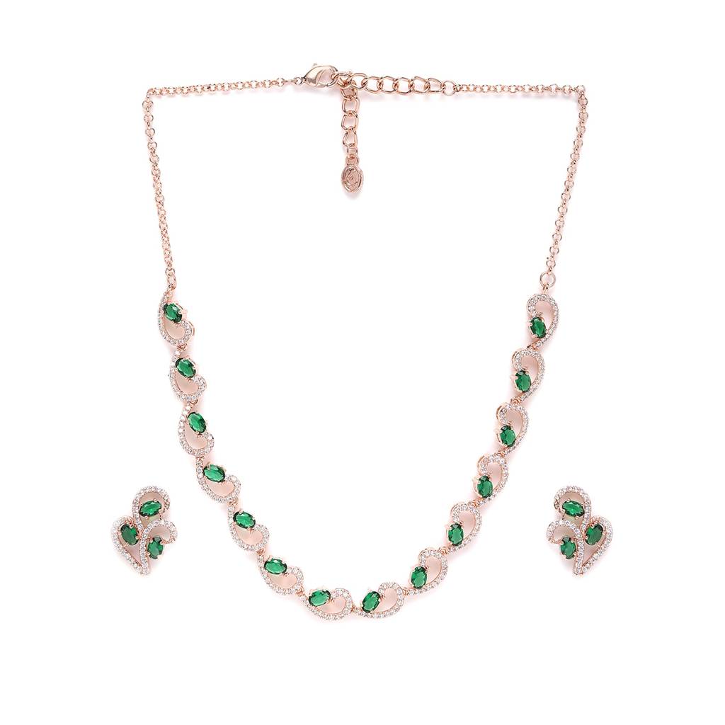 Elegant & Modern Rosegold-Plated Green American Diamond Necklace Set For Women : AD-819-RGGNNKER