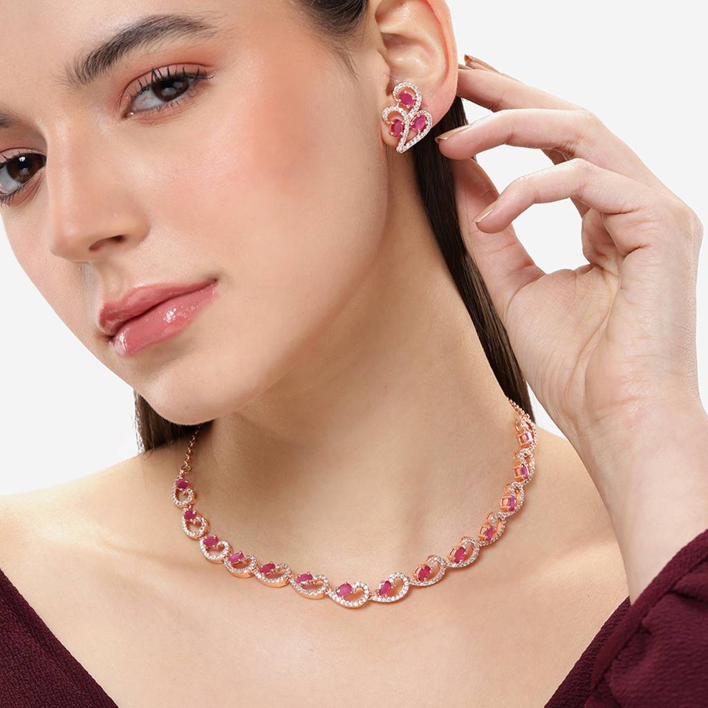 Timeless Ruby American Diamond Necklace Set: Lightweight, Premium Quality Sparkle For Every Occasion : AD-819-RGRBNKER