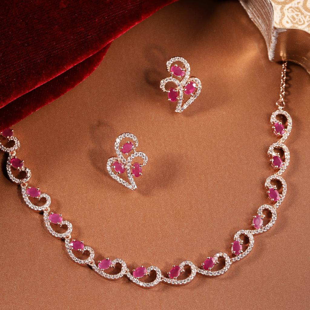 Timeless Ruby American Diamond Necklace Set: Lightweight, Premium Quality Sparkle For Every Occasion : AD-819-RGRBNKER
