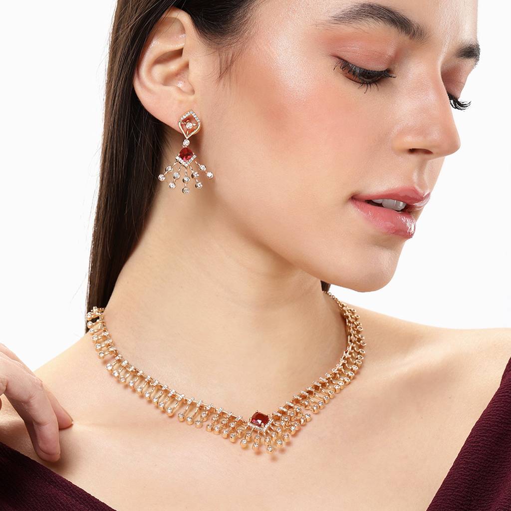 Modern Glam: Rosegold-Plated Lightweight Ruby American Diamond Necklace Set For Women : AD-822-RGRBNKER