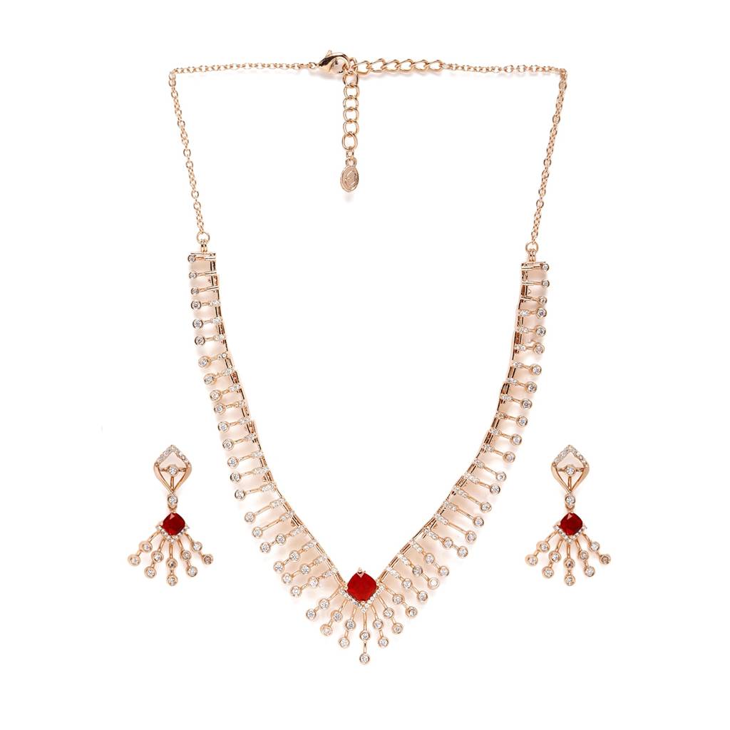 Modern Glam: Rosegold-Plated Lightweight Ruby American Diamond Necklace Set For Women : AD-822-RGRBNKER