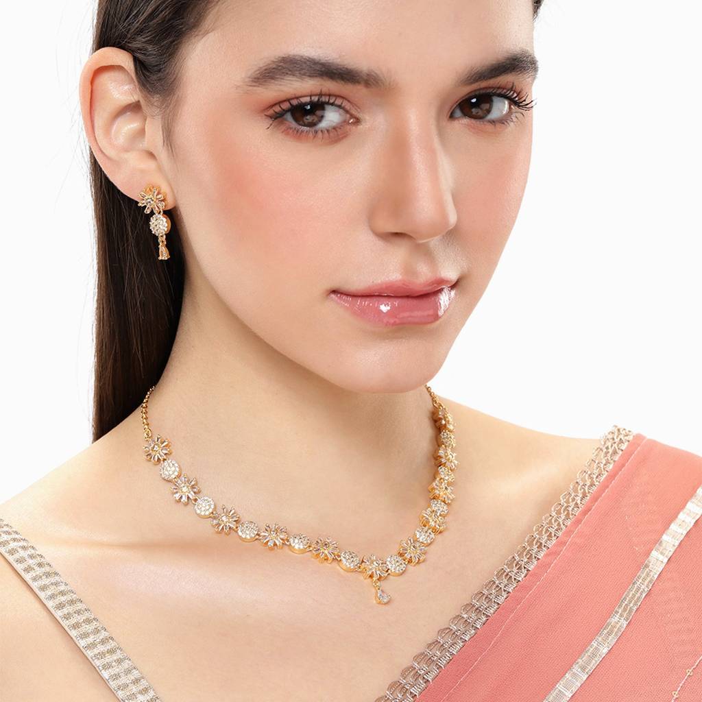 Premium Gold-Plated Floral American Diamond Necklace Set For Women : AD-823-IGWENKER