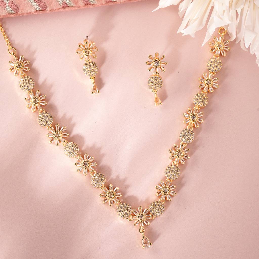 Premium Gold-Plated Floral American Diamond Necklace Set For Women : AD-823-IGWENKER