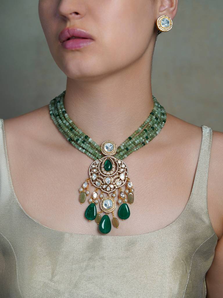 Jade Polki Emerald Drop Necklace Set : AGNK6