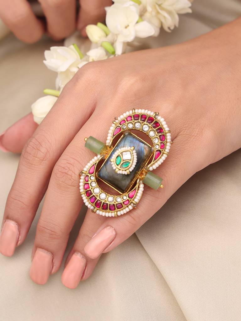 Meenakari Green Royale Ring Adjustable Brass Multicolor