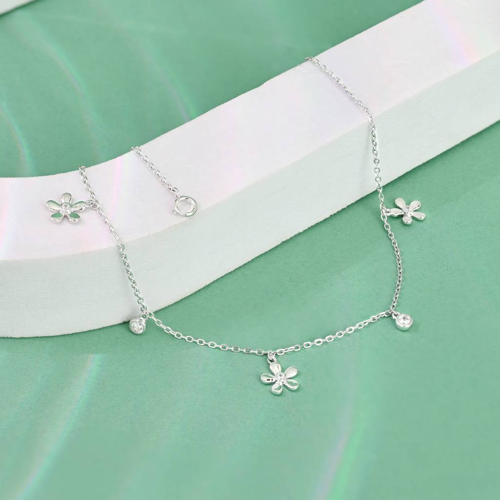 Floral Zircon Silver Anklet : AIPA108