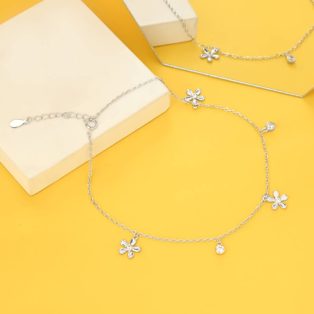 Floral Zircon Silver Anklet : AIPA108