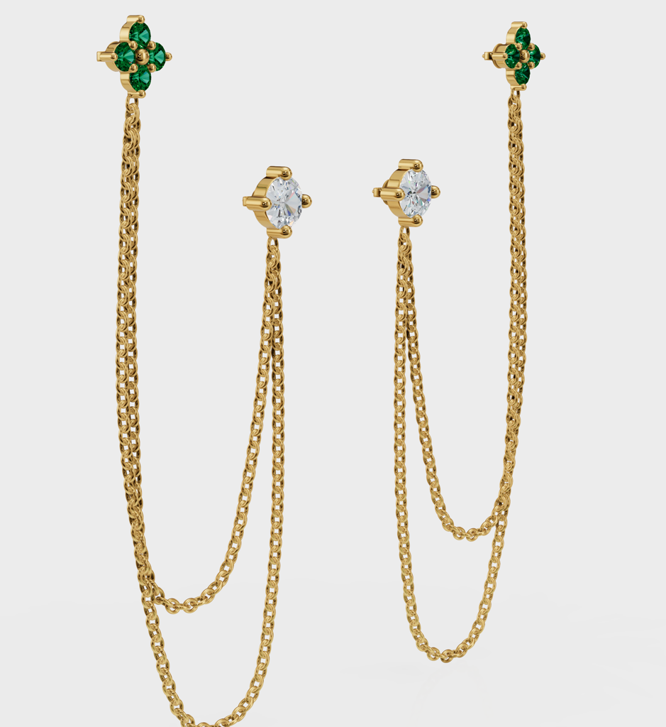 Emerald Diamond Duet Chain Earrings : AJJSS0758