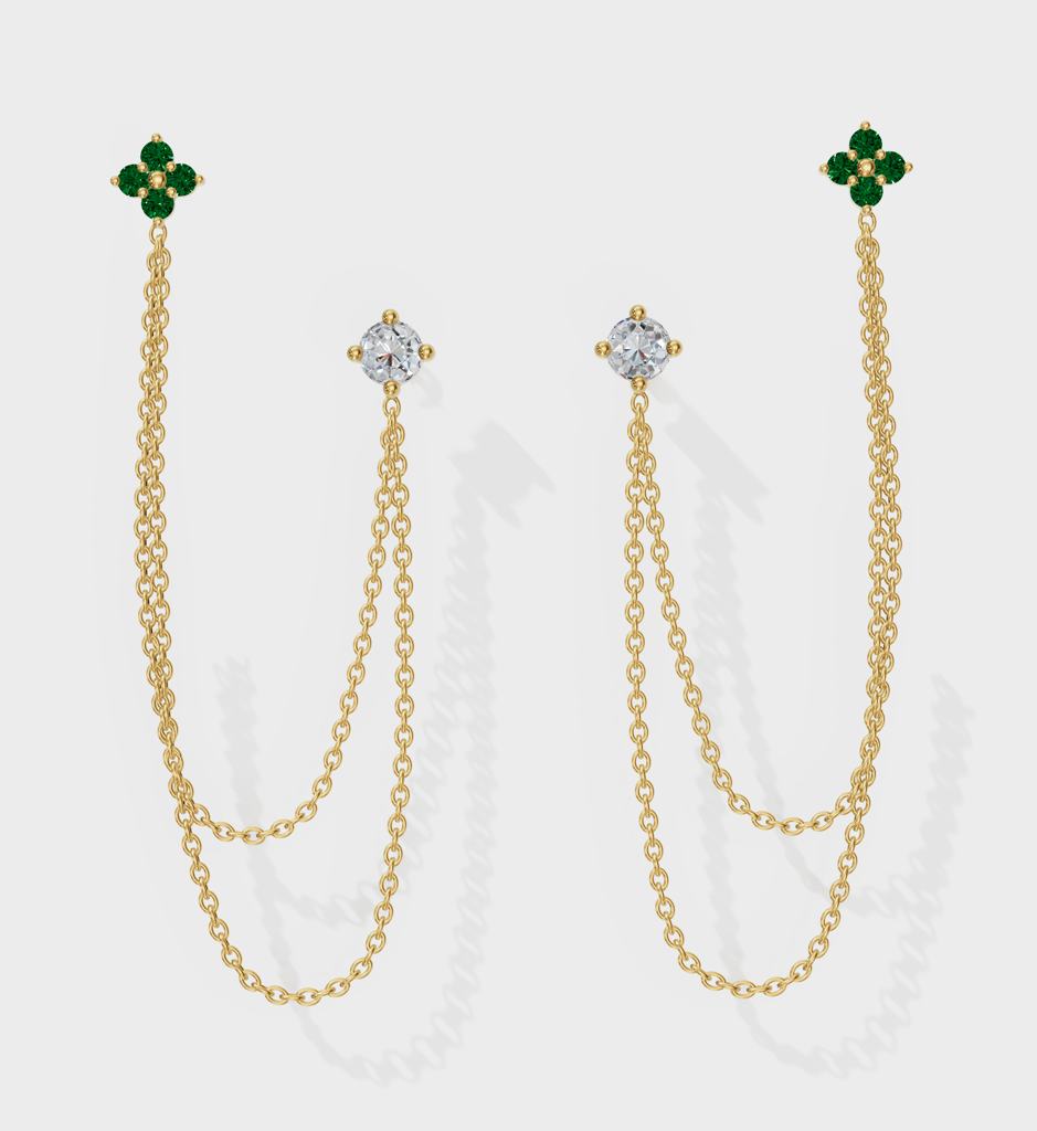 Emerald Diamond Duet Chain Earrings : AJJSS0758
