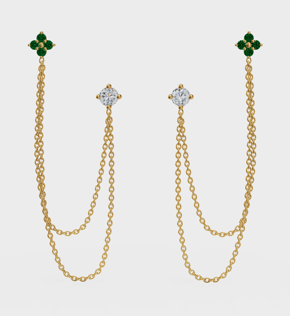 Emerald Diamond Duet Chain Earrings : AJJSS0758