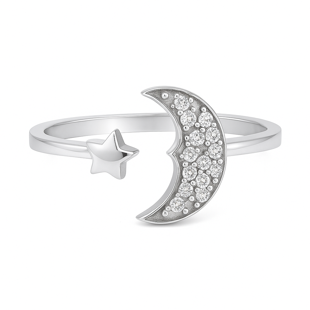 Celestial Moon & Star Ring In Sterling Silver : AJR0022