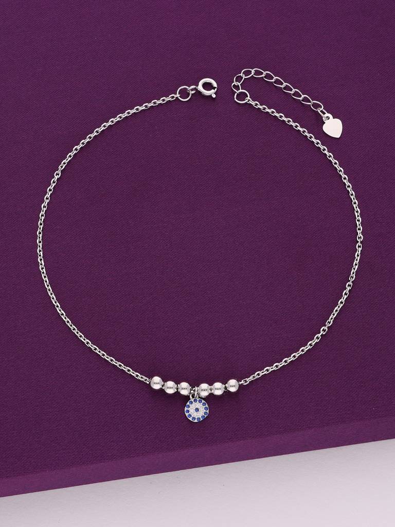 Sterling Silver Blooming Blue Evil Eye Anklet : AKCH23-S-NA