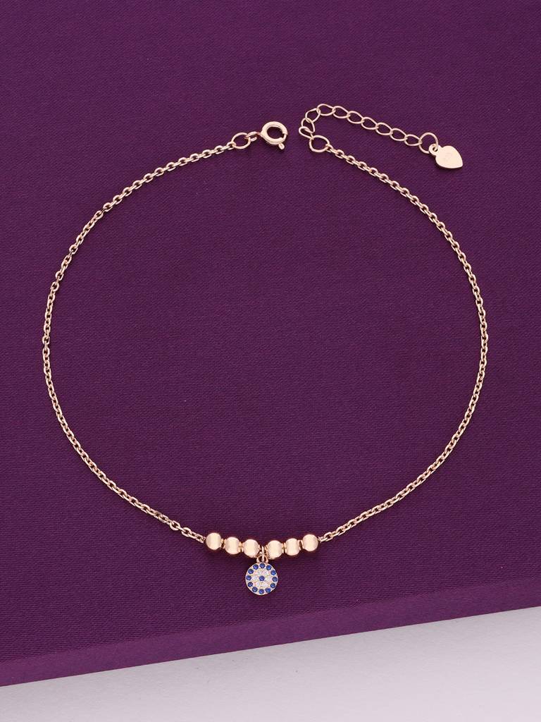 Sterling Silver Blooming Blue Evil Eye Anklet : AKCH24-RG-NA