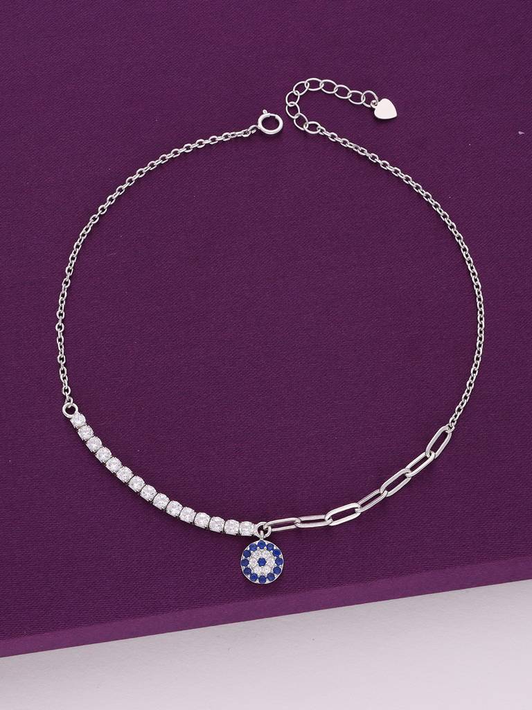 Sterling Silver Single Evil Eye Zircon Studded Anklet : AKCH26-S-NA