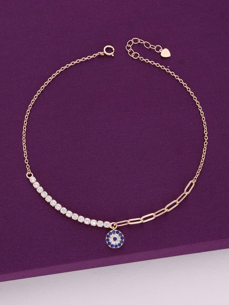 Sterling Silver Single Evil Eye Zircon Studded Anklet : AKCH27-RG-NA